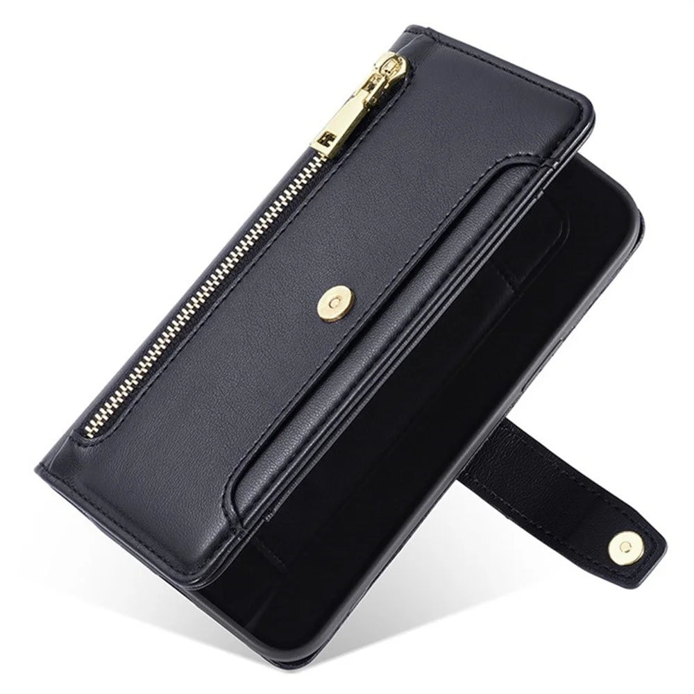 For Realme 14 5G Leather Case Zipper Pocket Wallet Phone Cover with 2 Straps - Black - 5
