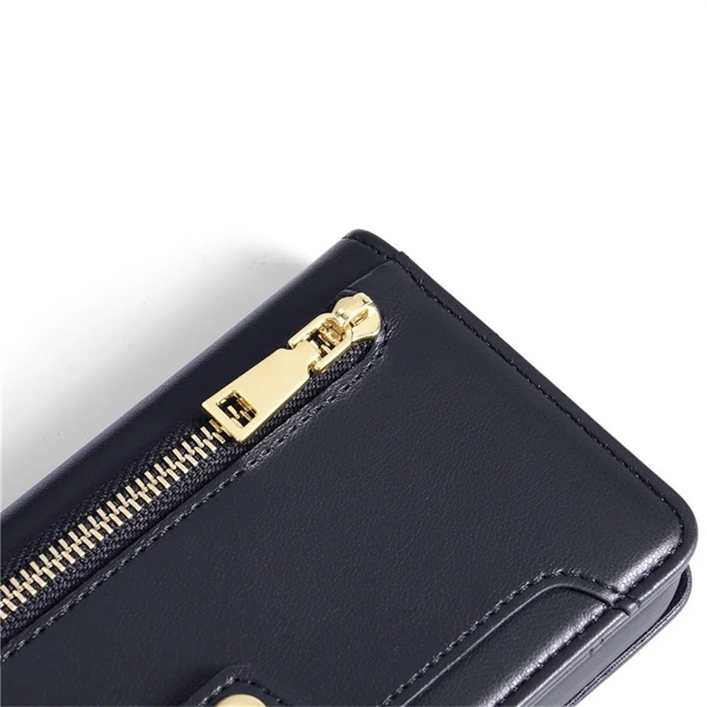 For Realme 14 5G Leather Case Zipper Pocket Wallet Phone Cover with 2 Straps - Black - 7