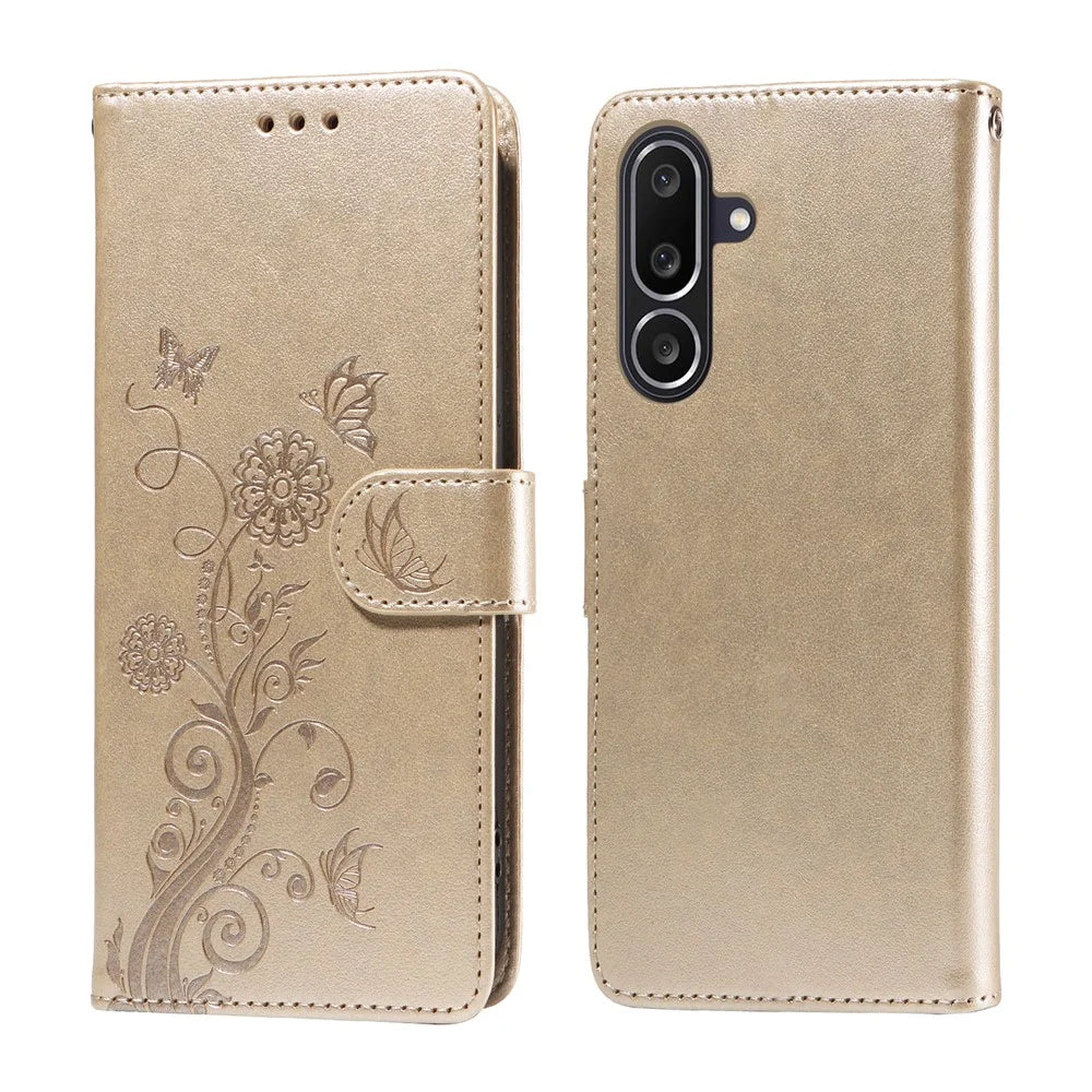 For Samsung Galaxy M56 5G Leather Case Butterfly Floral Imprint Wallet Stand Cover - Golden - 1