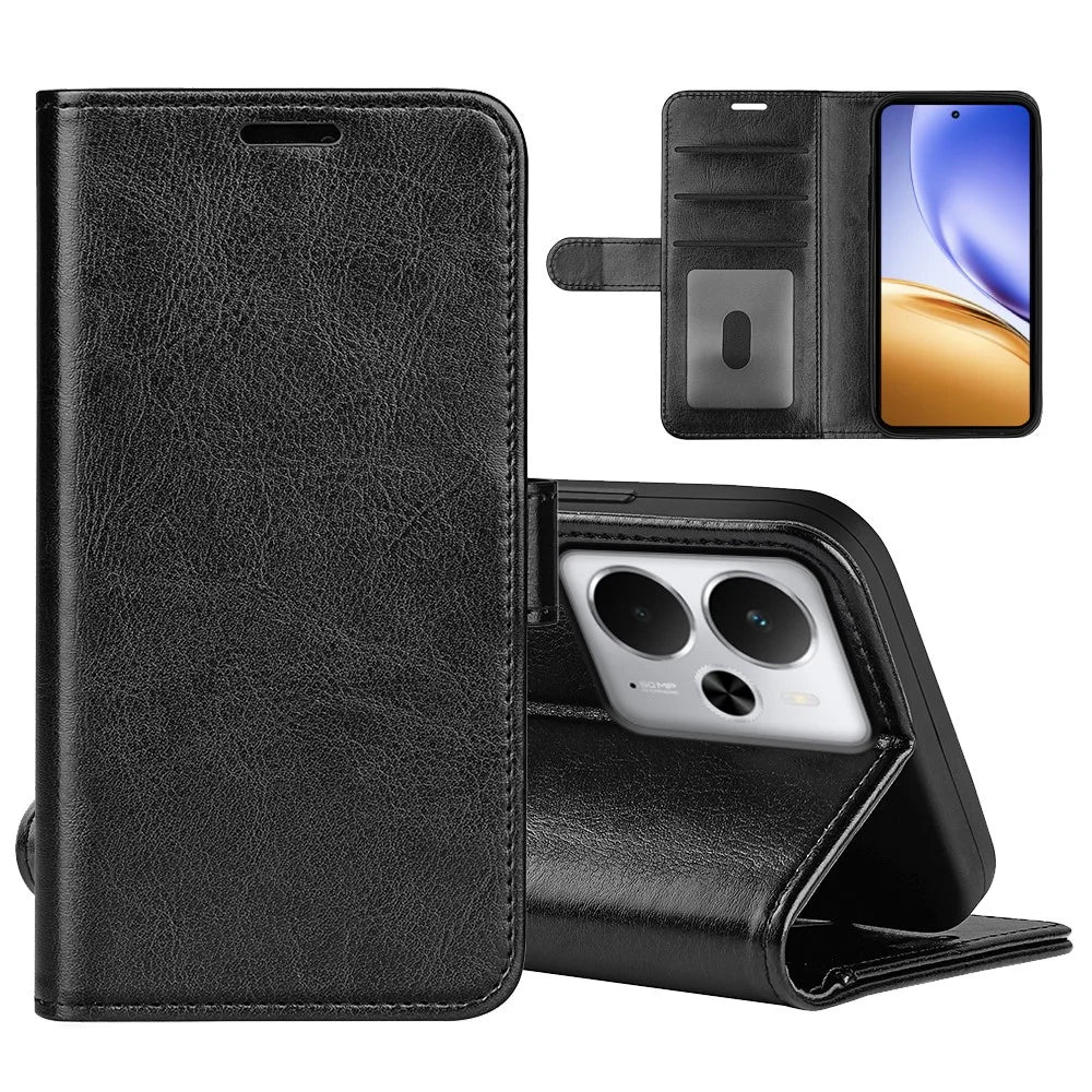 For Realme 14 5G Case Crazy Horse Texture Stand Leather Phone Cover - Black - 6