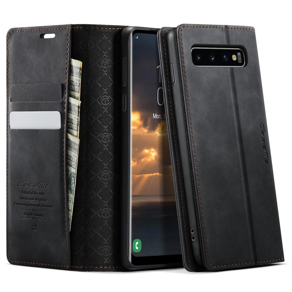 CASEME For Samsung Galaxy S10 Plus Case  033 Series RFID Blocking Wallet Stand Calf Texture Leather Phone Cover - Black - 1