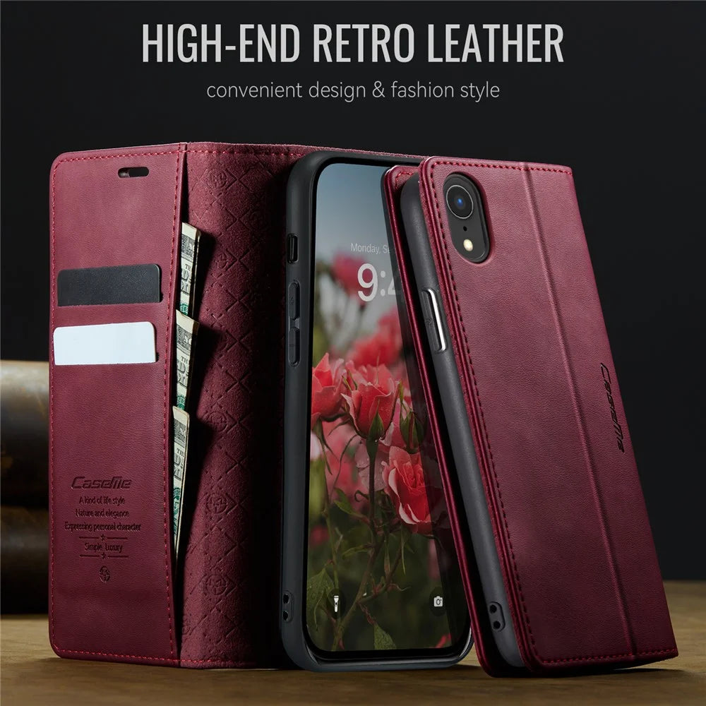 CASEME For iPhone XR 6.1 inch Case  033 Series RFID Blocking Wallet Stand Calf Texture Leather Phone Cover - Red - 4