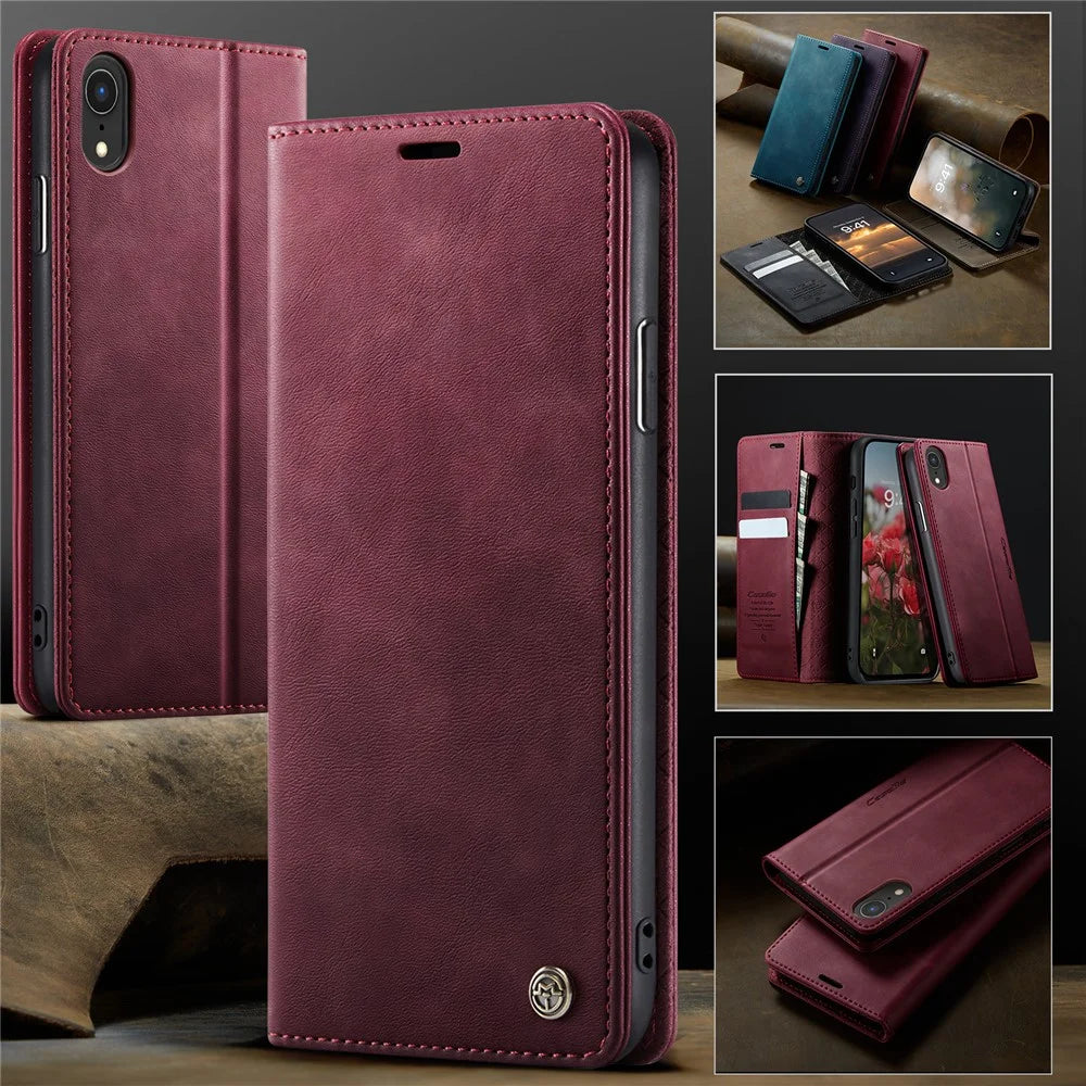 CASEME For iPhone XR 6.1 inch Case  033 Series RFID Blocking Wallet Stand Calf Texture Leather Phone Cover - Red - 7