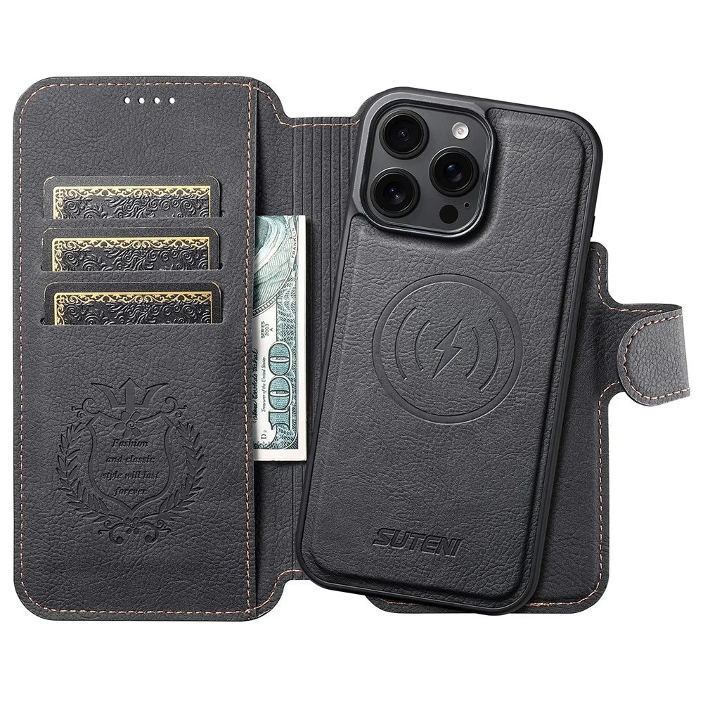 SUTENI Q-05 For iPhone 16 Pro Case Detachable Wallet Stand Litchi Texture Leather Flip Phone Cover - Black - 2