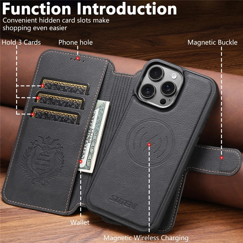 SUTENI Q-05 For iPhone 16 Pro Case Detachable Wallet Stand Litchi Texture Leather Flip Phone Cover - Black - 6