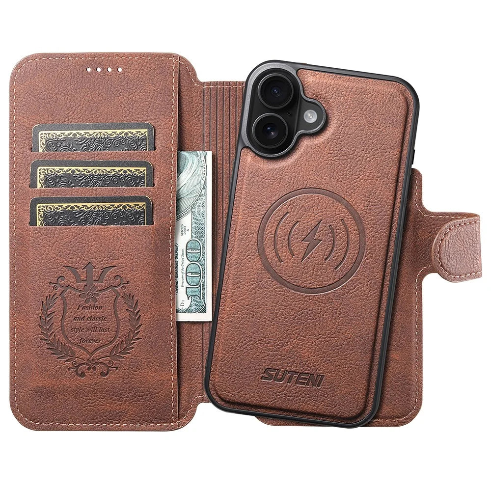 SUTENI Q-05 For iPhone 16 Plus Case Detachable Wallet Stand Litchi Texture Leather Flip Phone Cover - Brown - 2