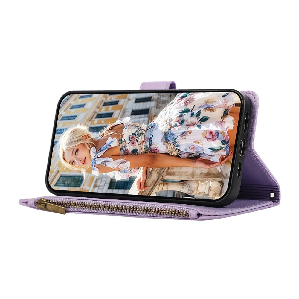For Google Pixel 9a Case Multi Card Slots Zipper Leather Phone Cover with Shoulder Strap / Wrist Strap - Purple - 3