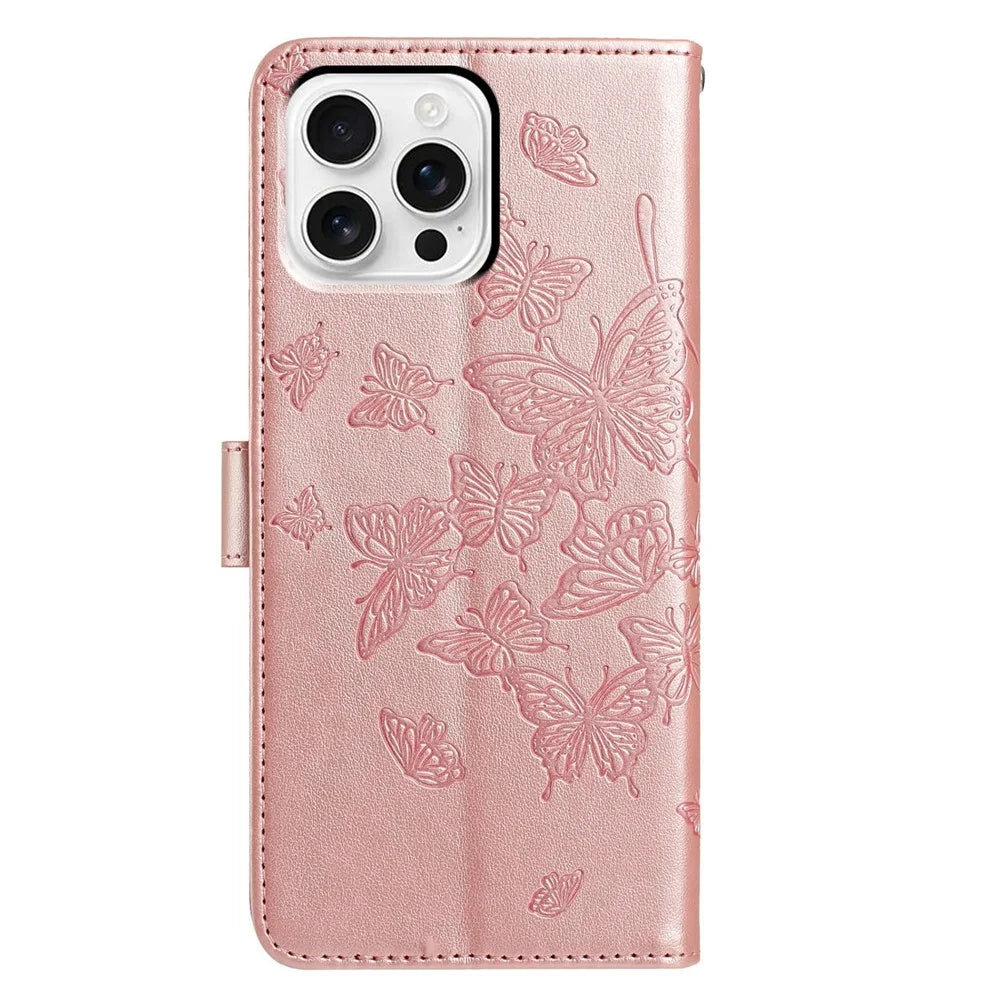 For iPhone 16 Pro Case Butterfly Imprinted Wallet Stand PU Leather Flip Phone Cover with Strap - Rose Gold - 5