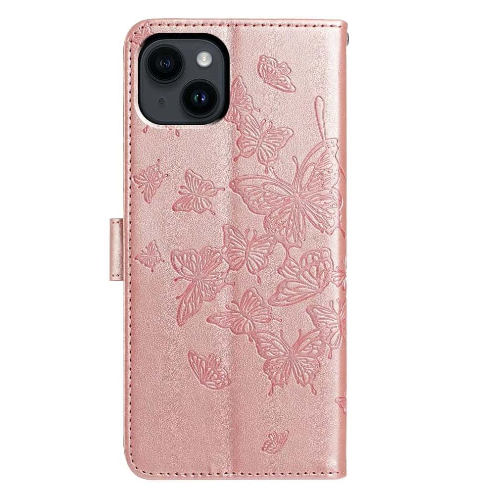 For iPhone 14 Case Butterfly Imprinted Wallet Stand PU Leather Flip Phone Cover with Strap - Rose Gold - 5