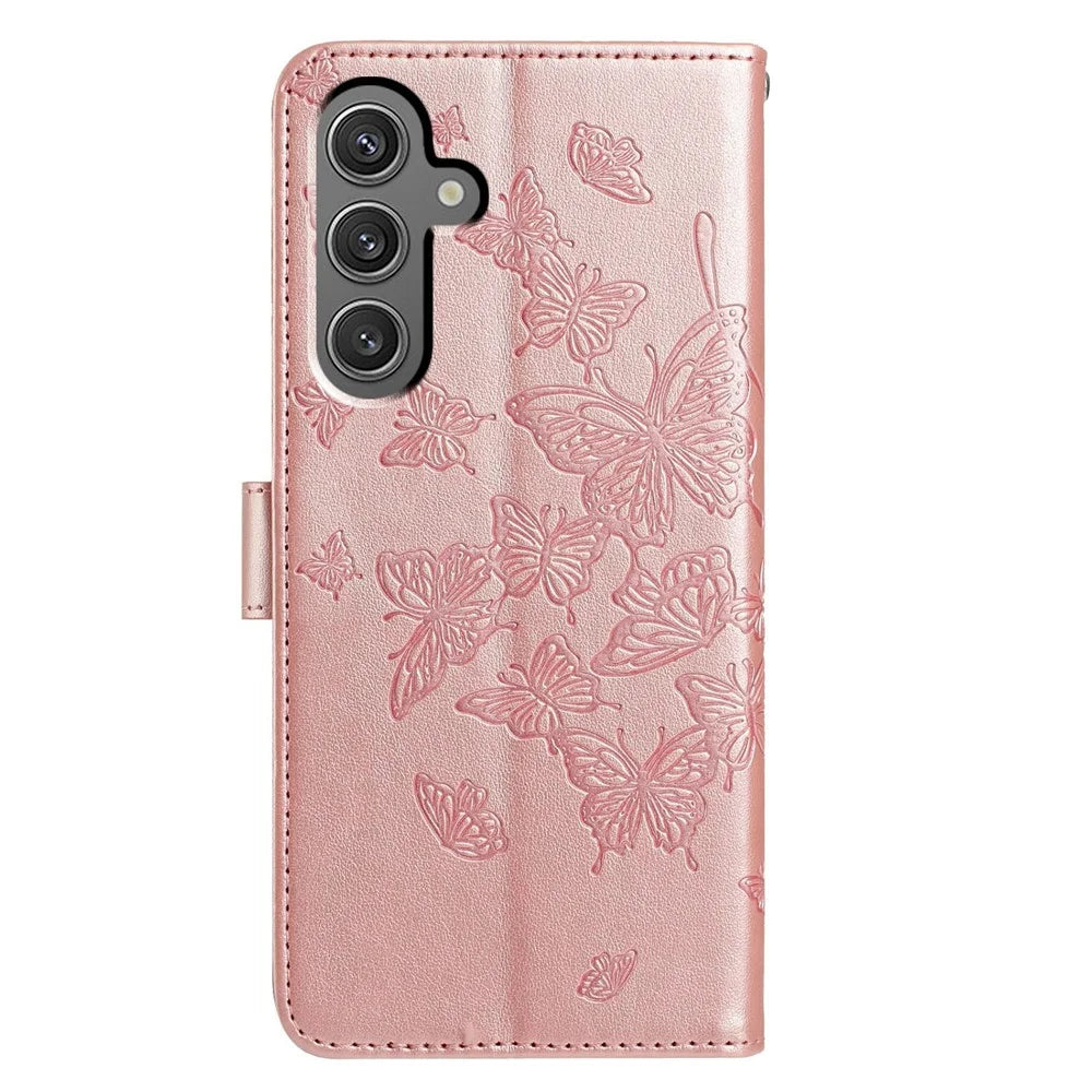 For Samsung Galaxy S23 FE Case Butterfly Imprinted Wallet Stand PU Leather Flip Phone Cover with Strap - Rose Gold - 5