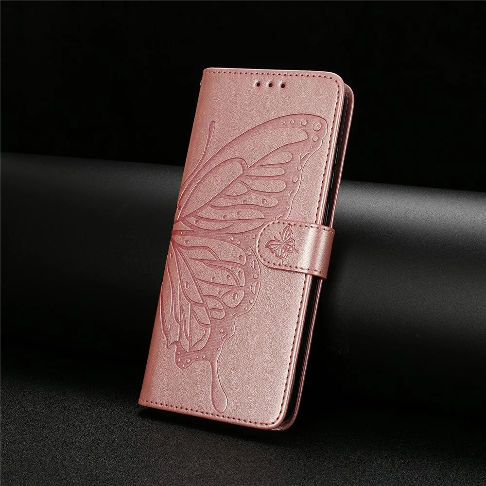 For Samsung Galaxy S23 FE Case Butterfly Imprinted Wallet Stand PU Leather Flip Phone Cover with Strap - Rose Gold - 6