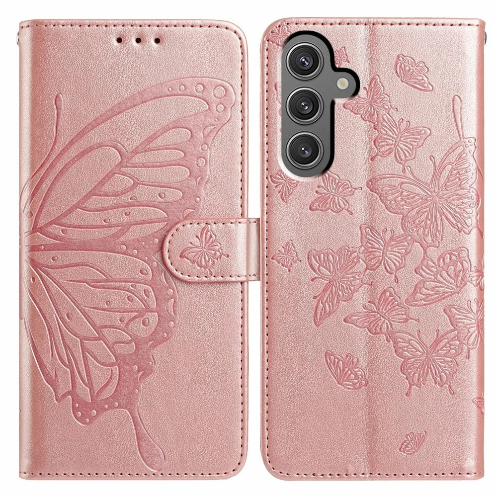 For Samsung Galaxy A25 5G (Global) (161.0 x 76.5 x 8.3mm) Case Butterfly Imprinted Wallet Stand PU Leather Flip Phone Cover with Strap - Rose Gold - 1