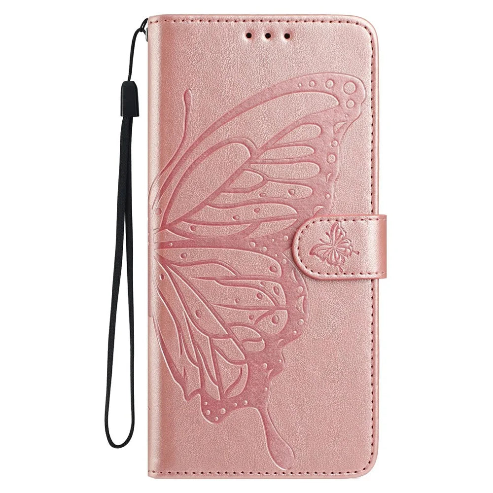 For Samsung Galaxy A25 5G (Global) (161.0 x 76.5 x 8.3mm) Case Butterfly Imprinted Wallet Stand PU Leather Flip Phone Cover with Strap - Rose Gold - 4