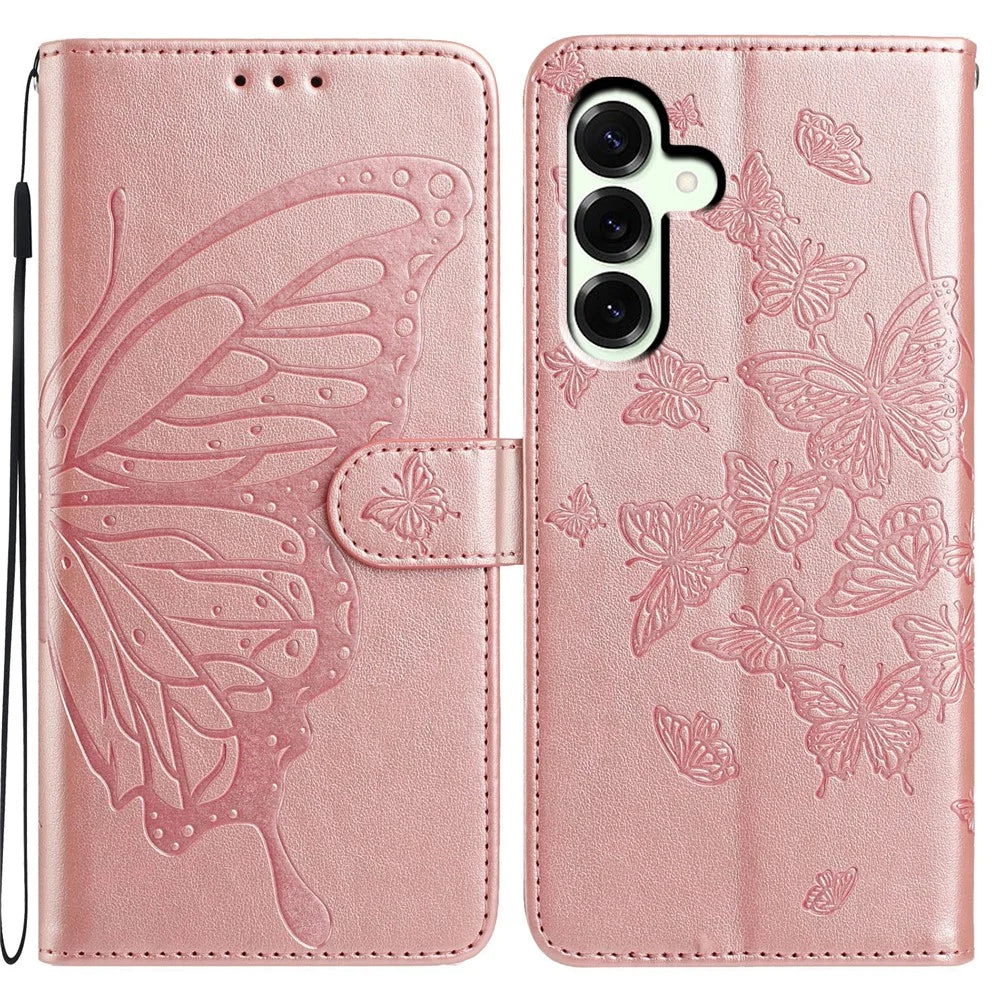 For Samsung Galaxy A18 5G / A18 4G / A17 5G / A17 4G / A26 5G Case Butterfly Imprinted Wallet Stand PU Leather Flip Phone Cover with Strap - Rose Gold - 1