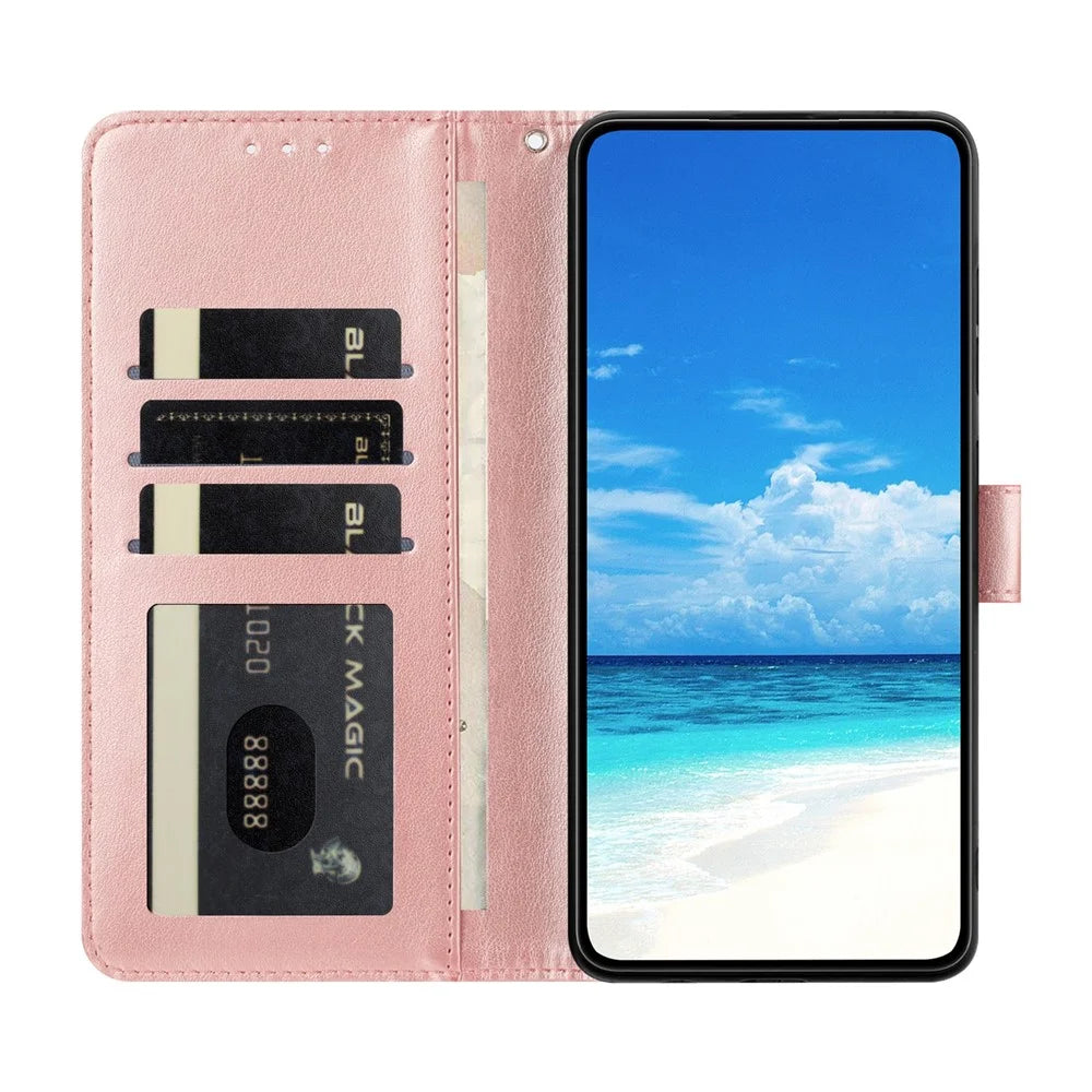 For Samsung Galaxy A18 5G / A18 4G / A17 5G / A17 4G / A26 5G Case Butterfly Imprinted Wallet Stand PU Leather Flip Phone Cover with Strap - Rose Gold - 3