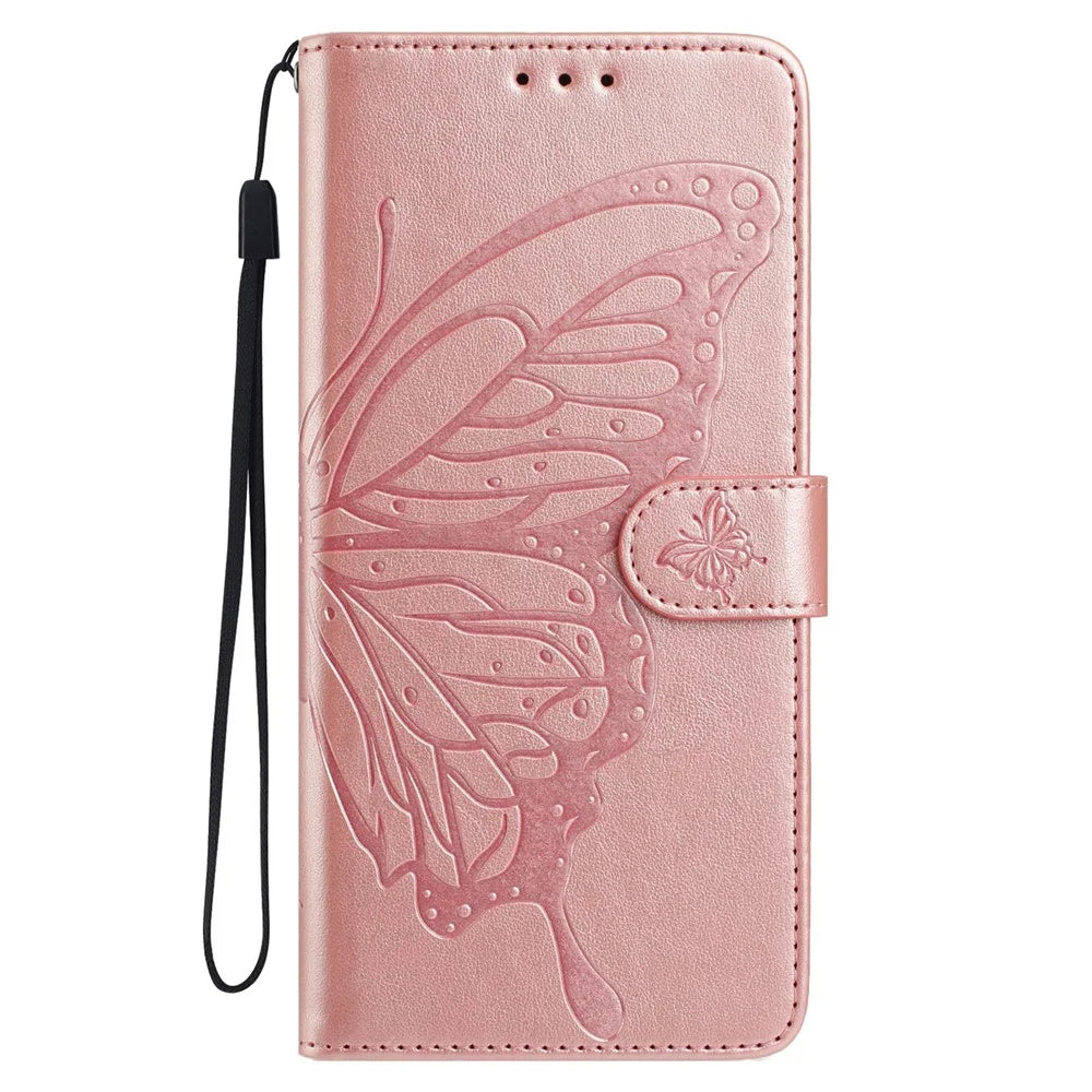 For Samsung Galaxy A18 5G / A18 4G / A17 5G / A17 4G / A26 5G Case Butterfly Imprinted Wallet Stand PU Leather Flip Phone Cover with Strap - Rose Gold - 4