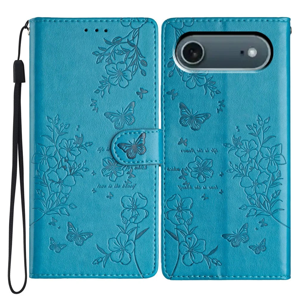 For iPhone Air Wallet Phone Case Butterfly Floral Imprint Leather Flip Cover with Strap - Blue - 1