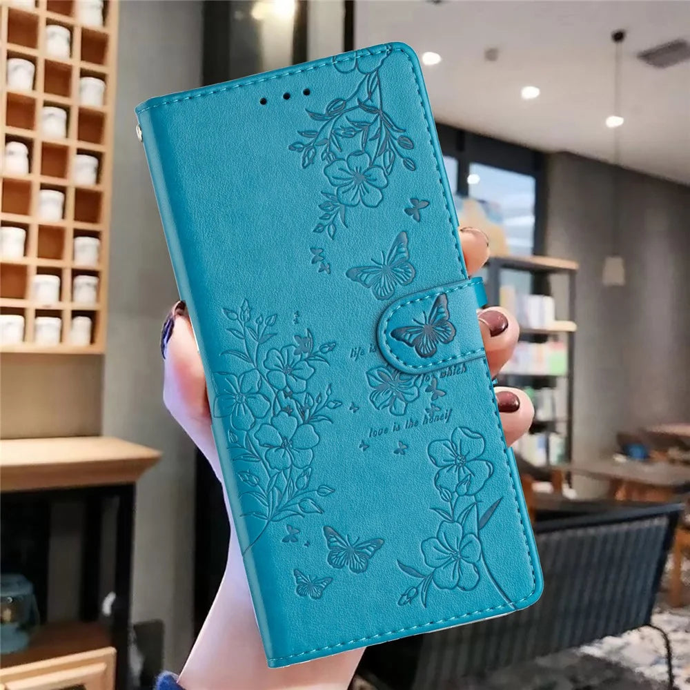 For iPhone Air Wallet Phone Case Butterfly Floral Imprint Leather Flip Cover with Strap - Blue - 5
