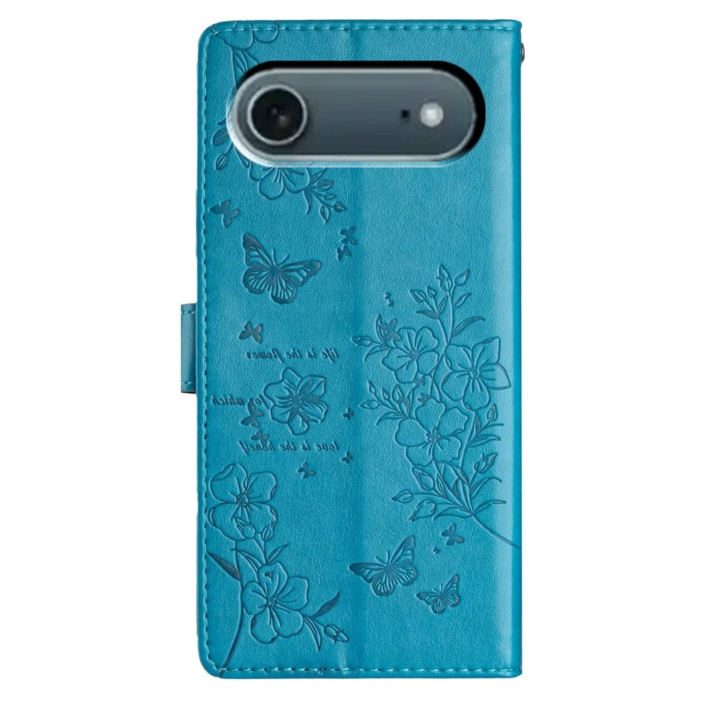 For iPhone Air Wallet Phone Case Butterfly Floral Imprint Leather Flip Cover with Strap - Blue - 7