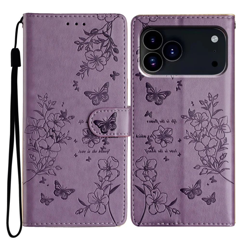 For iPhone 18 Pro Max / 17 Pro Max Wallet Phone Case Butterfly Floral Imprint Leather Flip Cover with Strap - Purple - 1