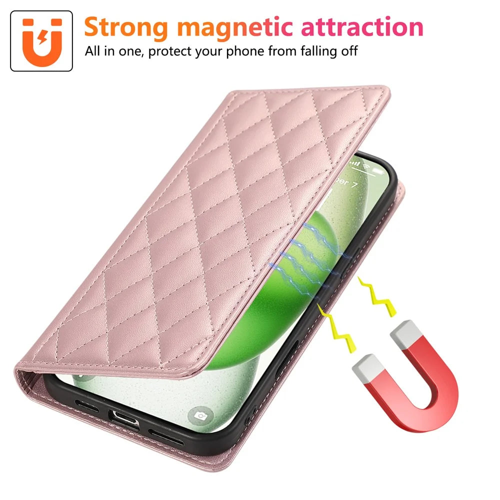 For iPhone 16 Pro Case RFID Blocking Wallet Stand Rhombus Leather Phone Cover with Wrist Strap - Rose Gold - 5