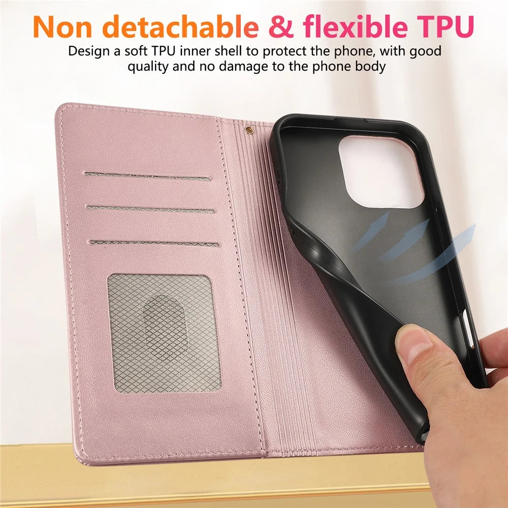 For iPhone 16 Pro Case RFID Blocking Wallet Stand Rhombus Leather Phone Cover with Wrist Strap - Rose Gold - 6