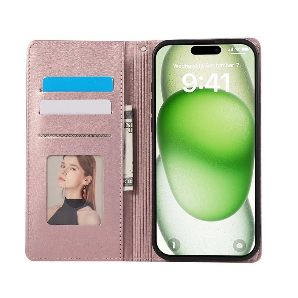 For iPhone 15 Pro Case RFID Blocking Wallet Stand Rhombus Leather Phone Cover with Wrist Strap - Rose Gold - 2