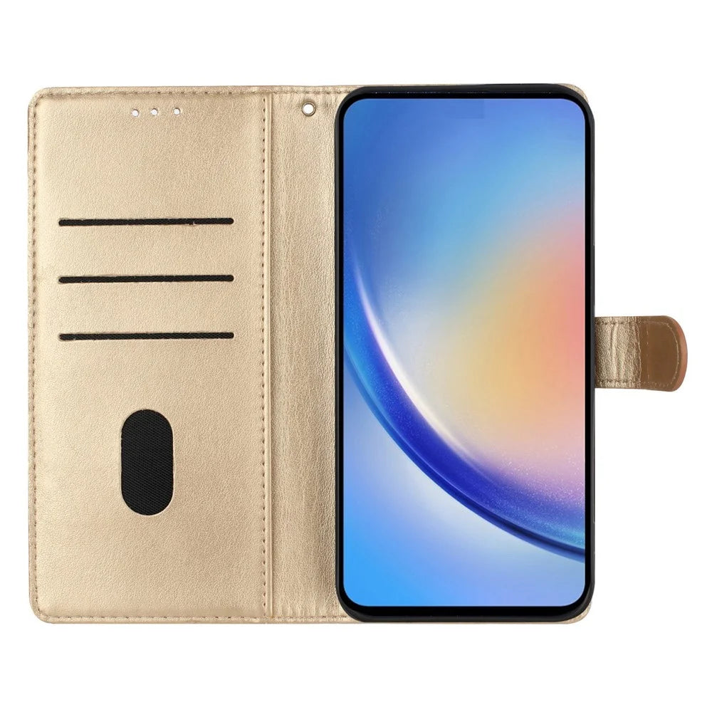 For Samsung Galaxy A18 5G / A18 4G / A17 5G / A17 4G / A26 5G Wallet Phone Case Butterfly Floral Imprint Leather Flip Cover with Strap - Gold - 2