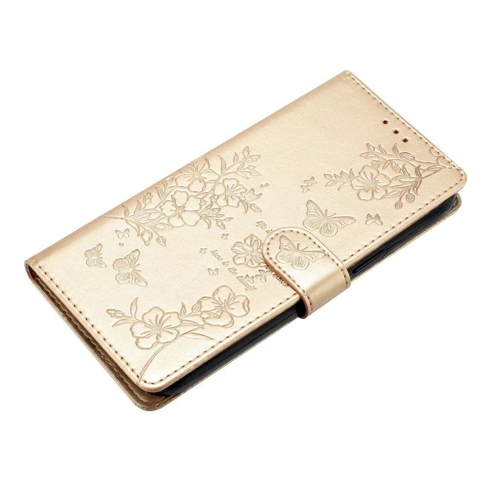 For Samsung Galaxy A18 5G / A18 4G / A17 5G / A17 4G / A26 5G Wallet Phone Case Butterfly Floral Imprint Leather Flip Cover with Strap - Gold - 4