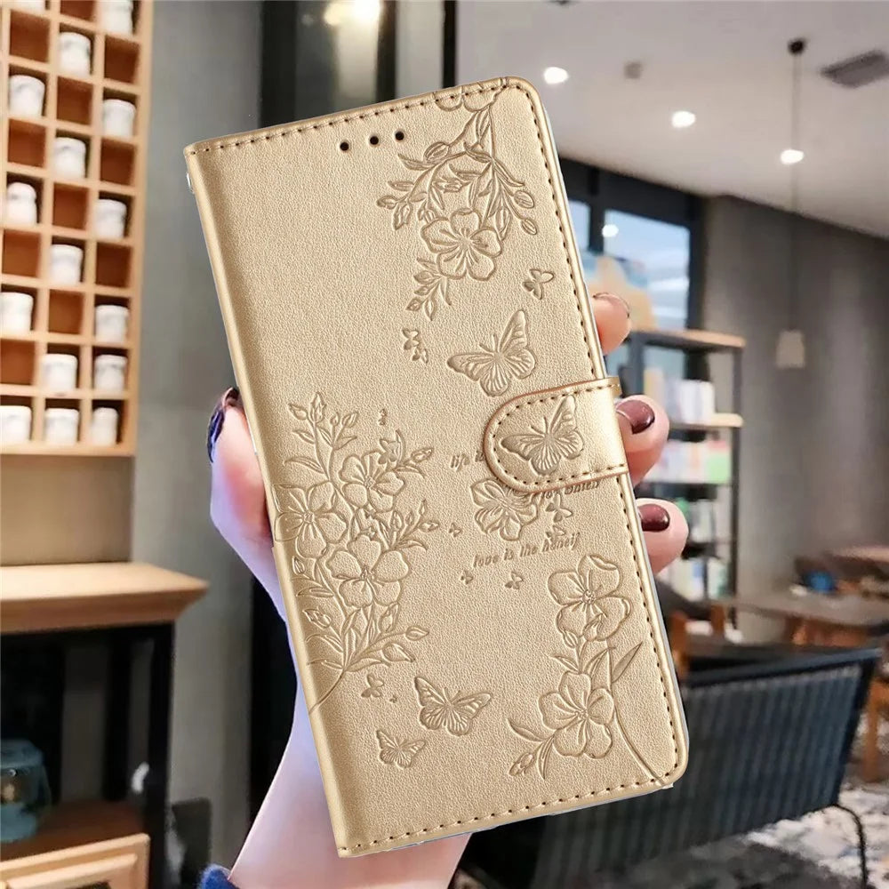 For Samsung Galaxy A18 5G / A18 4G / A17 5G / A17 4G / A26 5G Wallet Phone Case Butterfly Floral Imprint Leather Flip Cover with Strap - Gold - 5