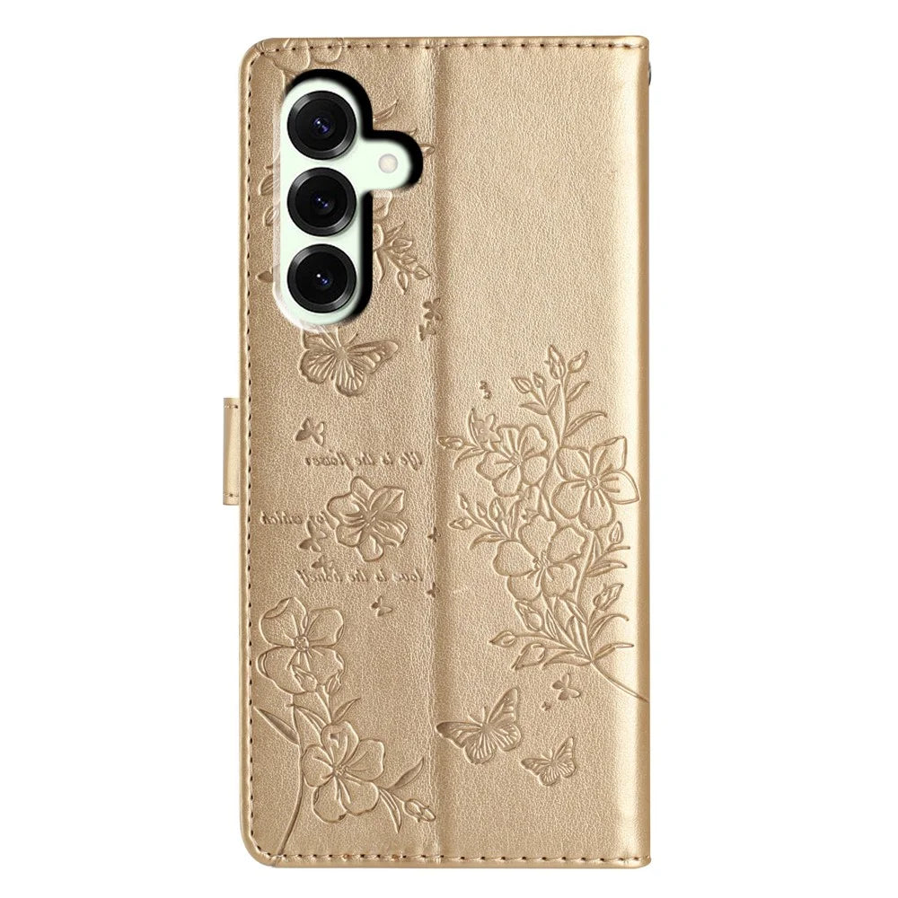 For Samsung Galaxy A18 5G / A18 4G / A17 5G / A17 4G / A26 5G Wallet Phone Case Butterfly Floral Imprint Leather Flip Cover with Strap - Gold - 7