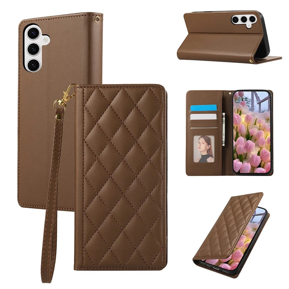 For Samsung Galaxy S25+ / S24+ Case RFID Blocking Wallet Stand Rhombus Leather Phone Cover with Wrist Strap - Brown - 1