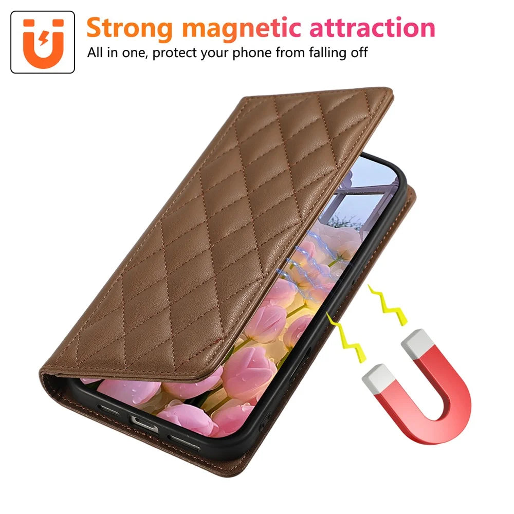 For Samsung Galaxy S25+ / S24+ Case RFID Blocking Wallet Stand Rhombus Leather Phone Cover with Wrist Strap - Brown - 5