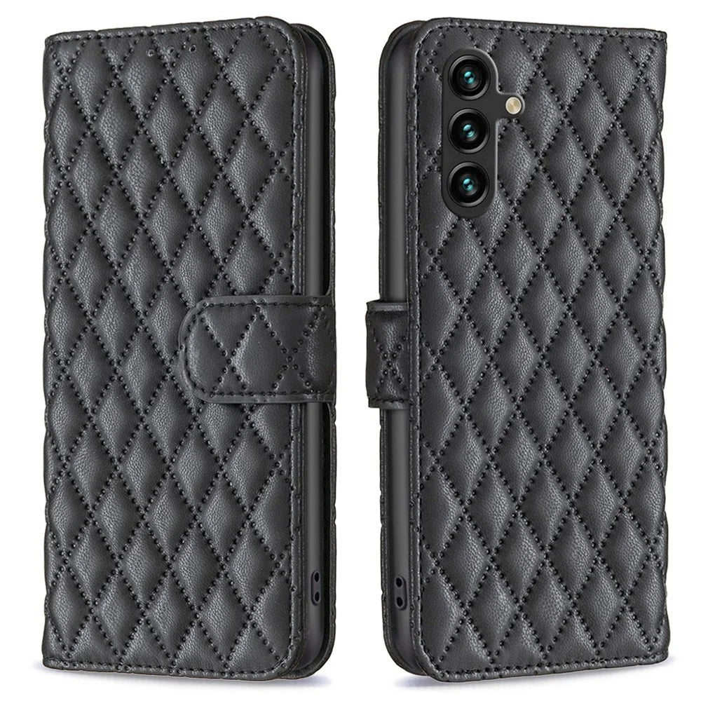 BINFEN COLOR BF Style-14 for Samsung Galaxy A14 5G / A14 4G Phone Wallet Case Rhombus Pattern PU Leather Flip Stand Cover - Black - 1
