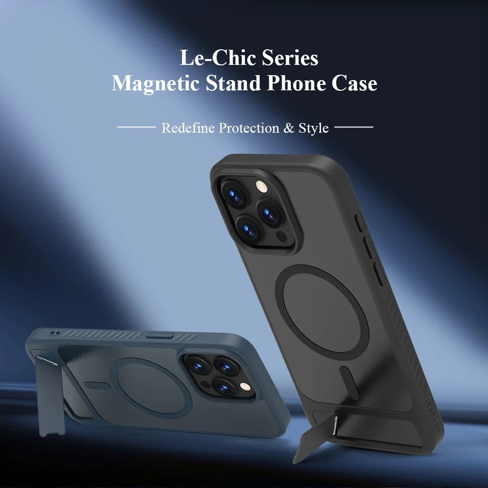 LEREACH Le-Chic Series For iPhone 15 Pro Max Case Compatible with MagSafe Kickstand TPU + PC Phone Cover - Black - 5