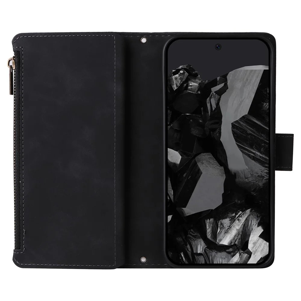 For Google Pixel 10 Pro XL / 9 Pro XL Case Zipper Wallet Multiple Card Slots Leather Phone Cover with Wrist Strap - Black - 2