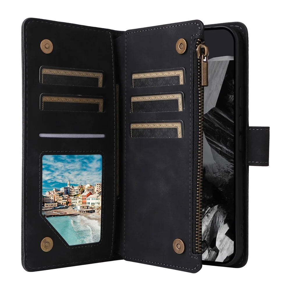 For Google Pixel 10 Pro XL / 9 Pro XL Case Zipper Wallet Multiple Card Slots Leather Phone Cover with Wrist Strap - Black - 3