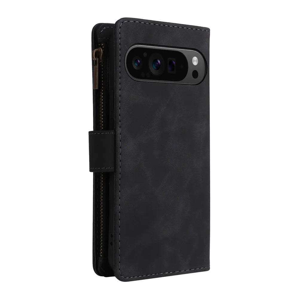 For Google Pixel 10 Pro XL / 9 Pro XL Case Zipper Wallet Multiple Card Slots Leather Phone Cover with Wrist Strap - Black - 7
