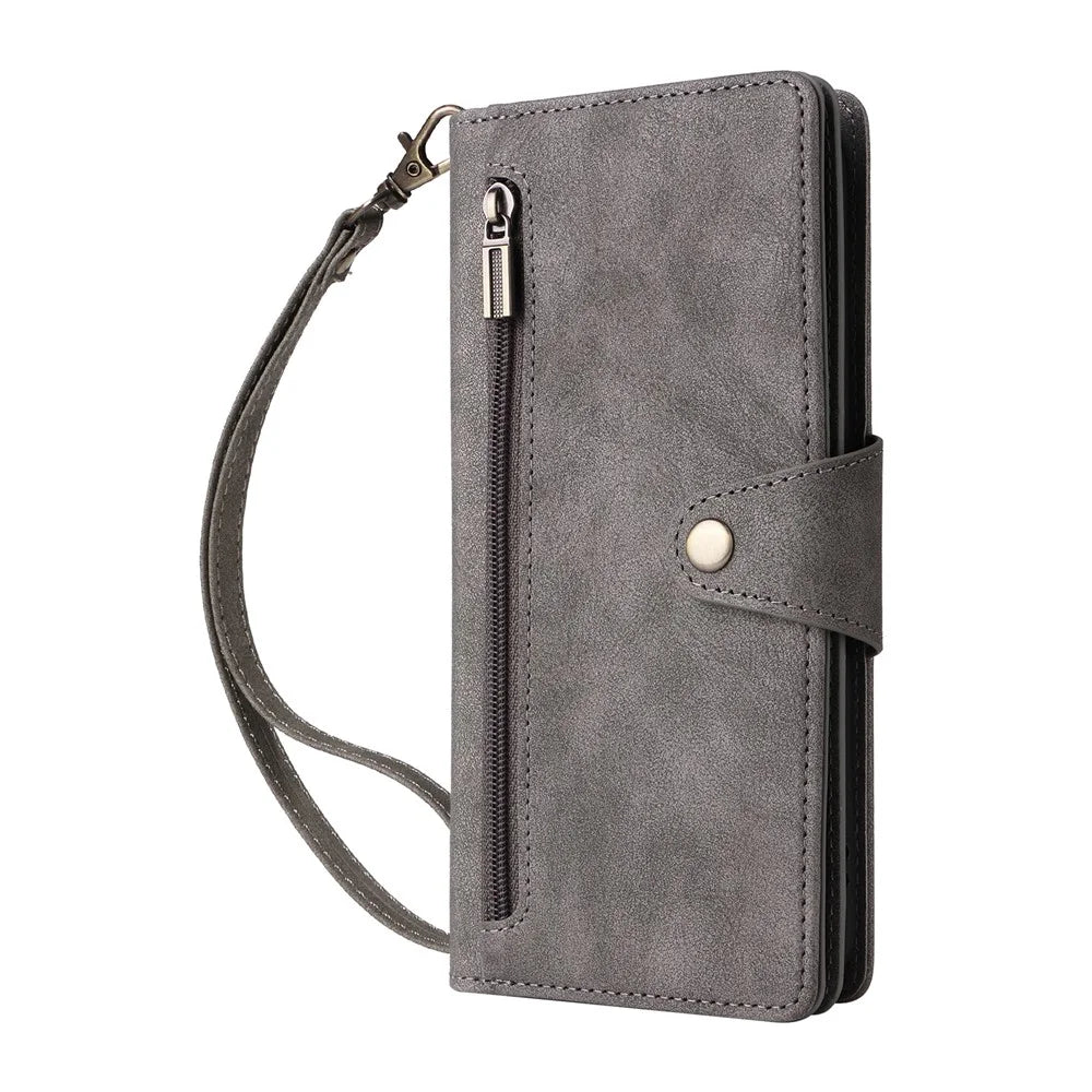 Phone Case For Google Pixel 10 / 10 Pro / 9 / 9 Pro , Zipper Wallet Rivet Decor Leather Cover with Wrist Strap - Grey - 6