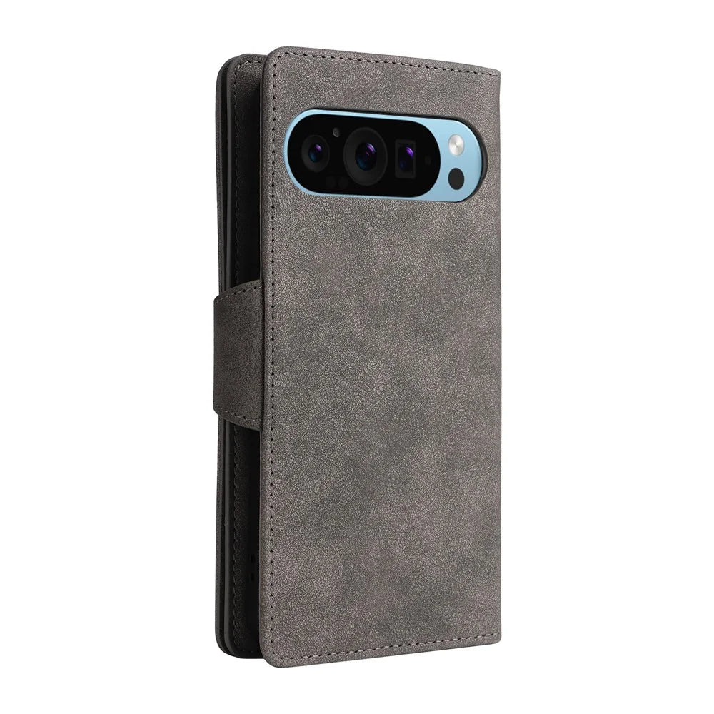 Phone Case For Google Pixel 10 / 10 Pro / 9 / 9 Pro , Zipper Wallet Rivet Decor Leather Cover with Wrist Strap - Grey - 7