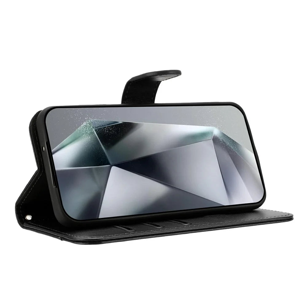 Stand Case for iPhone 18 Pro Max / 17 Pro Max PU Leather Wallet Phone Cover S Shape Stitching Design with Strap - Black - 3