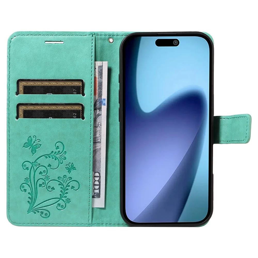 For iPhone Air Wallet Case Floral Butterfly Imprinted Leather Phone Cover Stand -  Green - 2