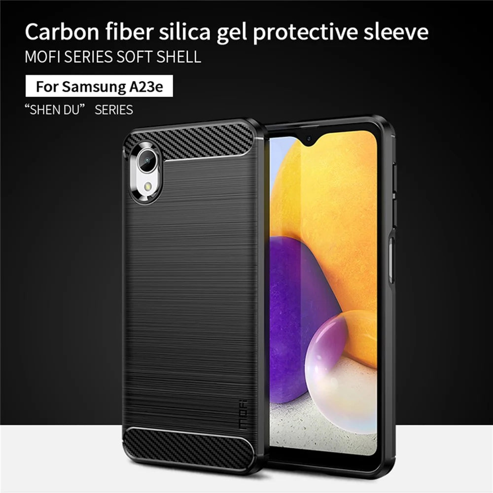 MOFI JK TPU Series-1 for Samsung Galaxy A23e / A22e Carbon Fiber Texture Anti-fingerprints Phone Case Soft TPU Brushed Surface Protective Cover - Black - 3