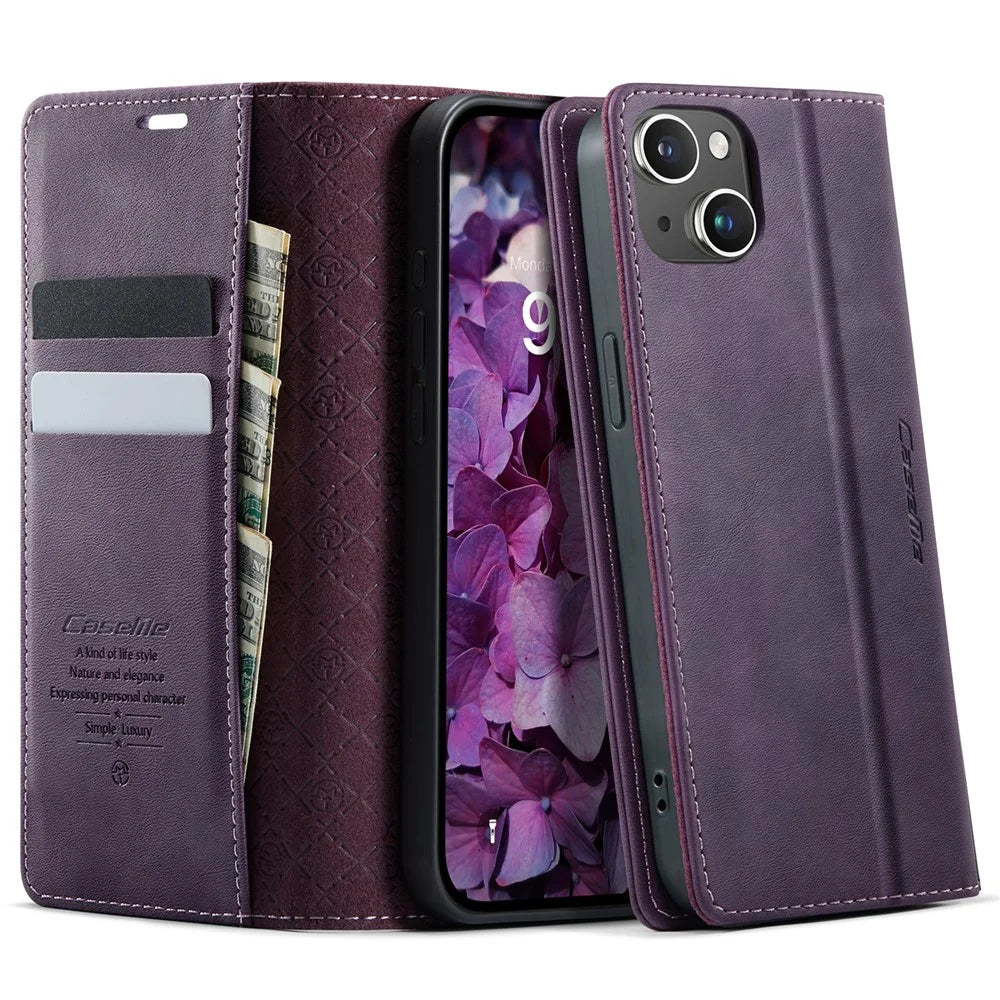 CASEME For iPhone 15 Case  033 Series RFID Blocking Wallet Stand Calf Texture Leather Phone Cover - Purple - 1
