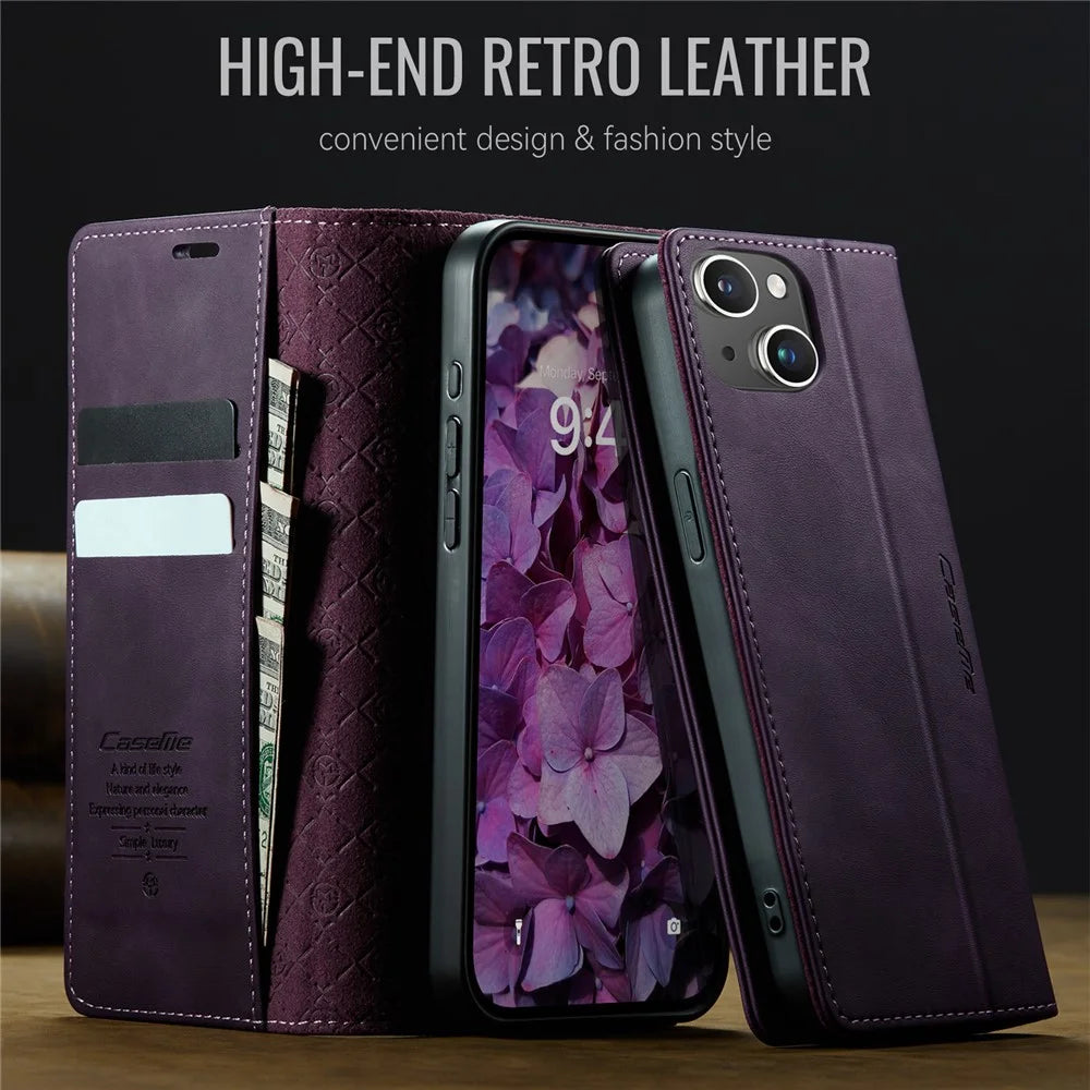 CASEME For iPhone 15 Case  033 Series RFID Blocking Wallet Stand Calf Texture Leather Phone Cover - Purple - 4