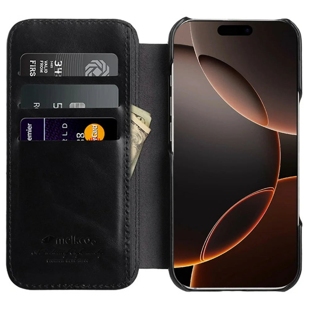 MELKCO For iPhone 16 Pro Max Case Compatible with MagSafe Card Slots Genuine Cow Leather Phone Cover - Black - 2