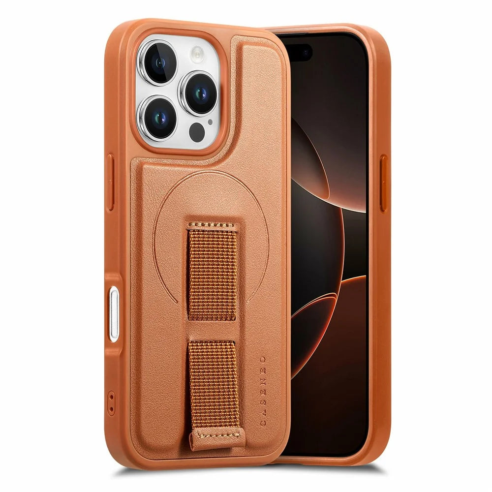 CASENEO For iPhone 16 Pro Magnetic Case Wristband PU Leather + PC Shockproof Phone Cover - Brown - 1