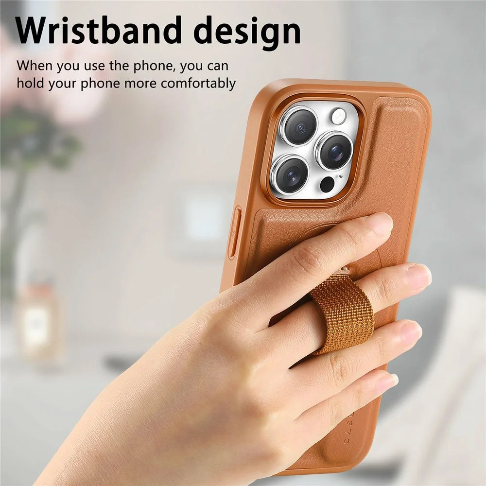 CASENEO For iPhone 16 Pro Max Magnetic Case Hand Strap Design PU Leather + PC Phone Cover - Brown - 6