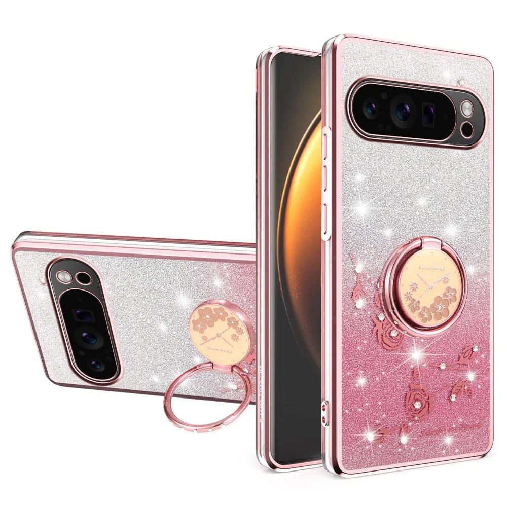 KADEM For Google Pixel 10 Pro XL Case Ring Kickstand TPU Flowers Phone Cover Gradient Glitter - Rose Gold - 1