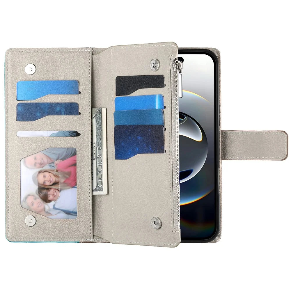 For iPhone 16 Pro Max Case Zipper Pocket Wallet Color Splicing Leather Flip Phone Cover with Straps - Lake Blue - 3